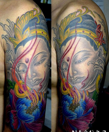 胳膊上的佛像牡丹纹身