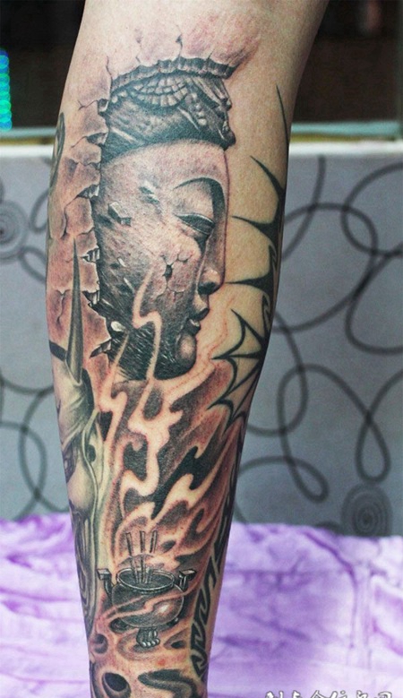 小腿佛像纹身