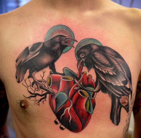 胸部啄食心脏的乌鸦纹身图案