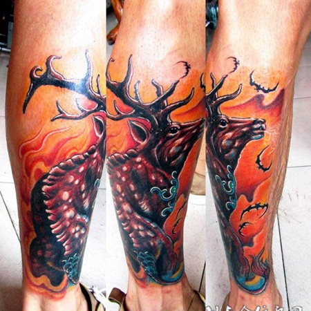 小腿上的梅花鹿纹身