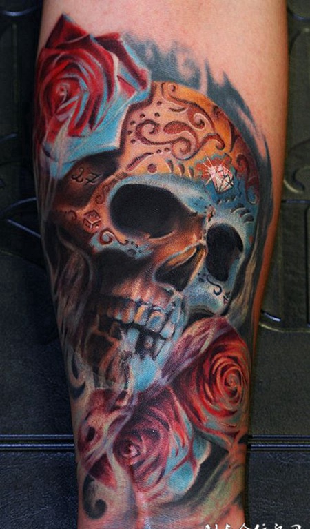 小腿上的骷髅玫瑰纹身
