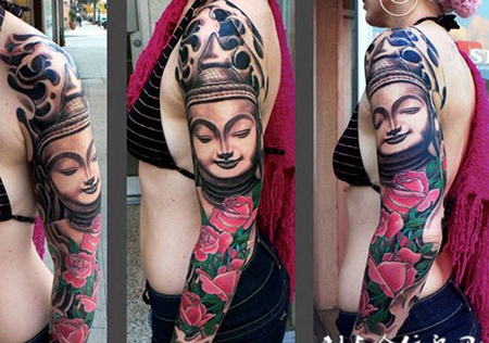 花臂佛像玫瑰纹身