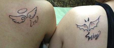 肩部情侣天使和恶魔翅膀纹身图案