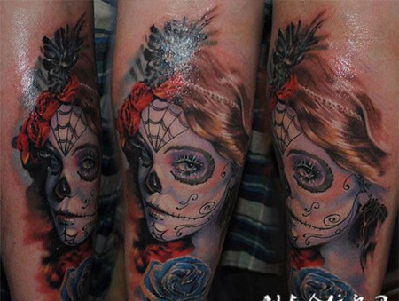 小腿骷髅女孩纹身