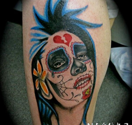 小腿美女骷髅纹身
