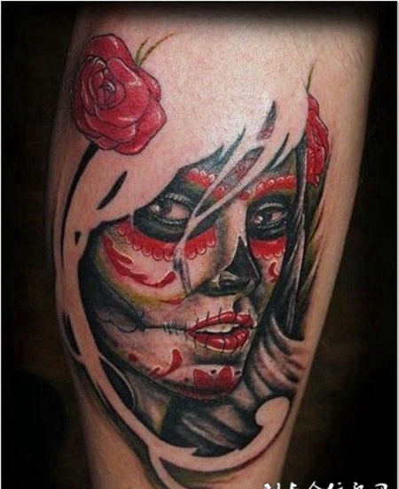 小腿骷髅美女纹身