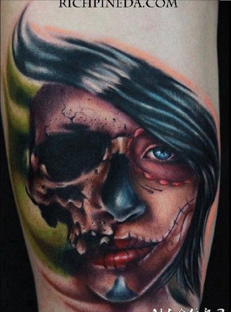 大腿骷髅美女纹身