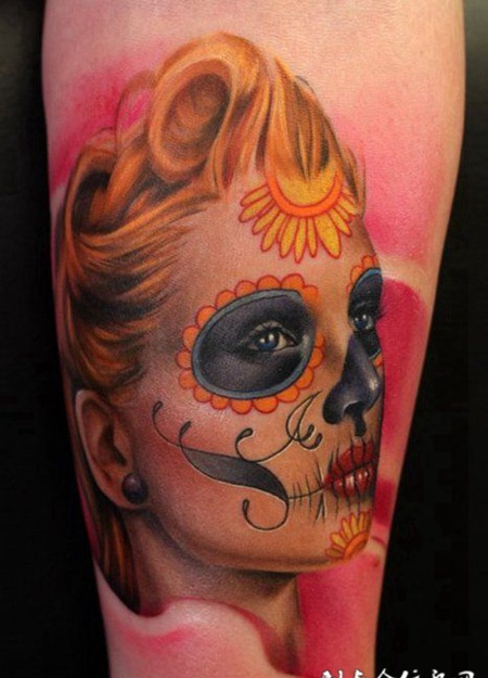 小腿骷髅女孩纹身图案