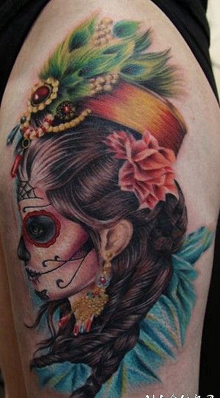 大腿骷髅美女纹身图案