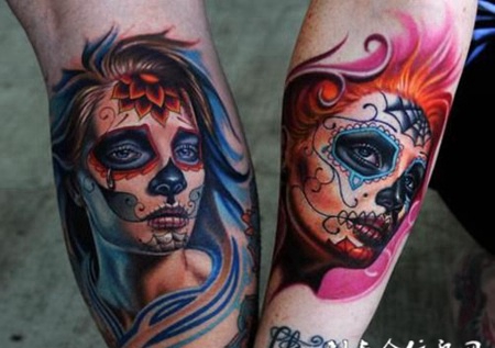 小臂骷髅美女纹身图案