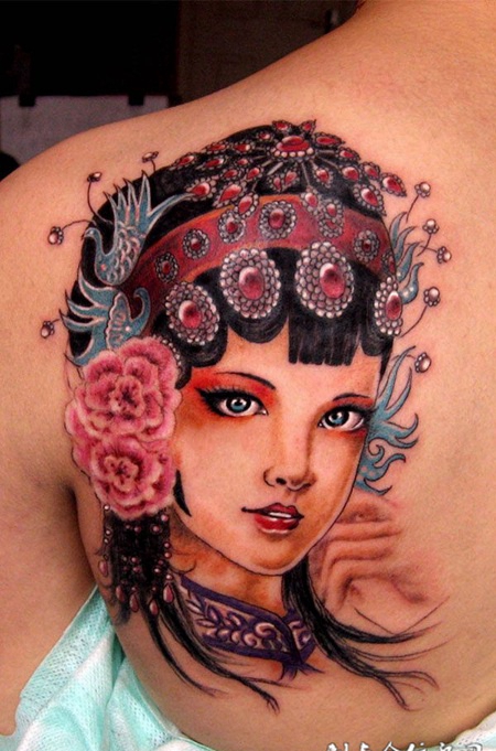 背部京剧脸谱纹身