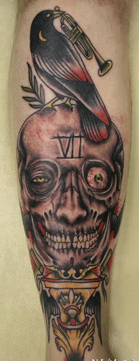 小臂骷髅乌鸦纹身