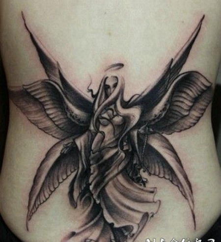 腰侧六翼天使纹身