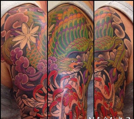 大臂凤凰菊花纹身图案