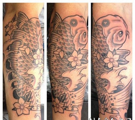 小腿线条鲤鱼纹身图案