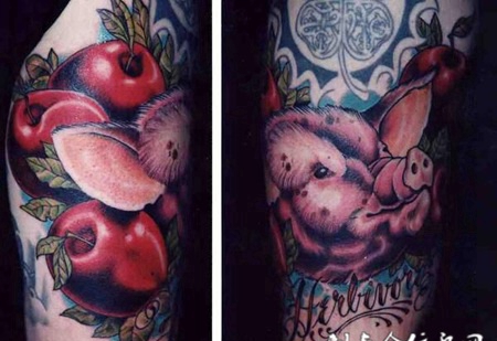 大臂苹果猪头纹身图案