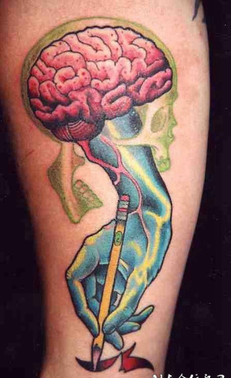 拿着铅笔的骷髅手纹身图案