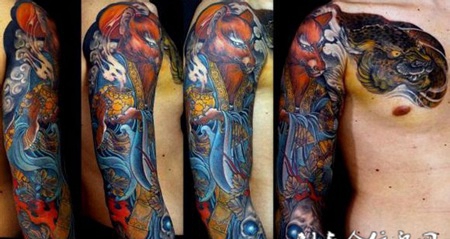 花臂骷髅狐仙纹身图案