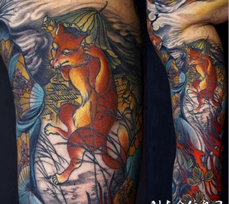 花臂红狐狸纹身图案