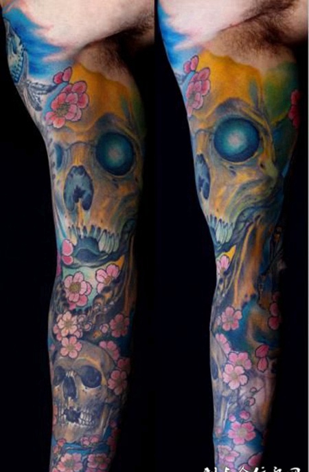 花臂骷髅樱花纹身图案