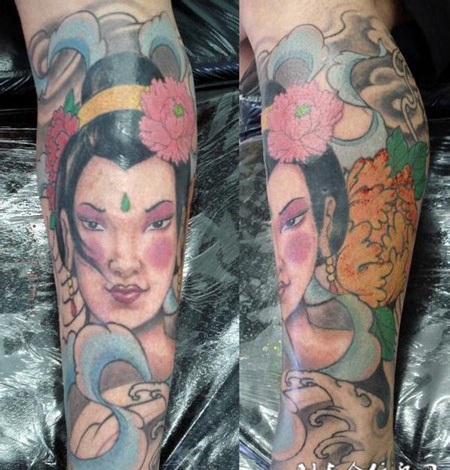 小腿艺妓牡丹花纹身图案