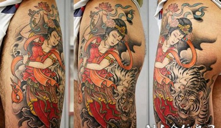 大臂白虎观音纹身图案