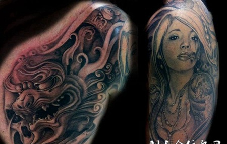 半胛美女狮子纹身图案