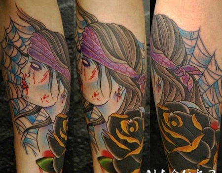 小腿上的玫瑰美女纹身图案