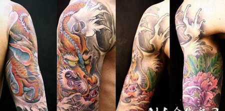 大臂牡丹龙纹身图案