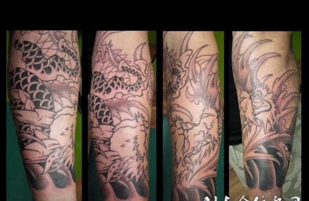 小腿上的线条龙头纹身图案