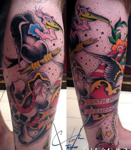 小腿上翅膀心纹身图案