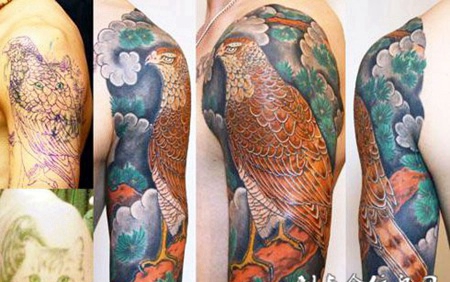 大臂上的松柏鹰纹身图案