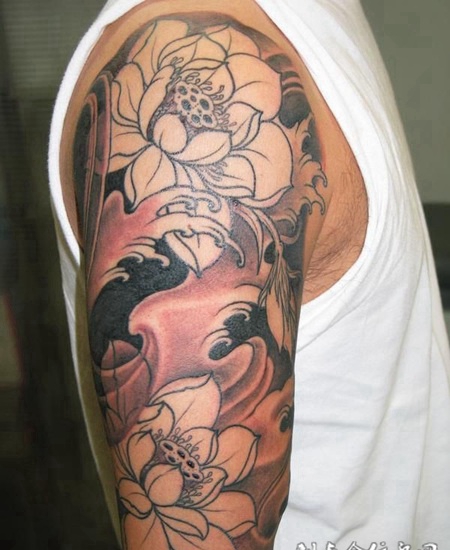 大臂线条莲花纹身图案