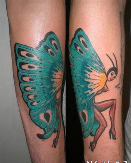 小臂上长着翅膀的精灵纹身图案