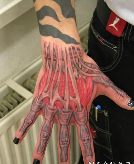 手背上的裸露肌肉纹身图案