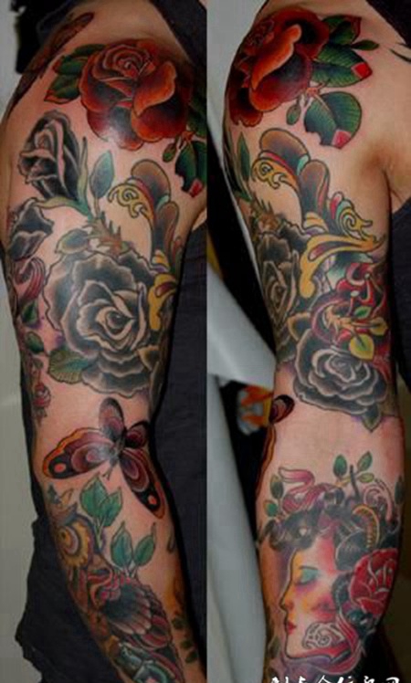 花臂美女玫瑰纹身图案