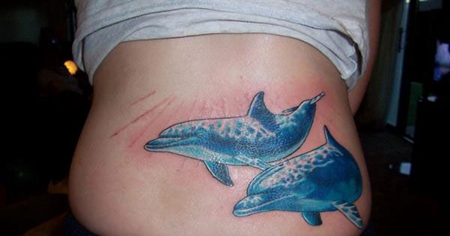 腰部蓝色海豚纹身图案