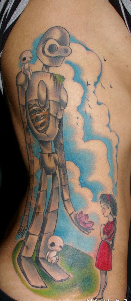 腰侧的机器人和女孩纹身图案
