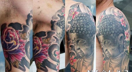 大臂上的佛像牡丹花纹身图案
