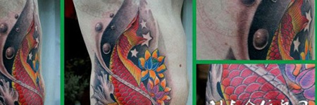 腰侧的莲花鲤鱼纹身图案