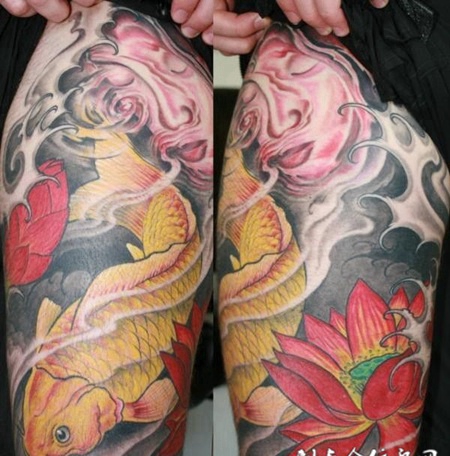 大腿上的莲花金鲤鱼纹身图案