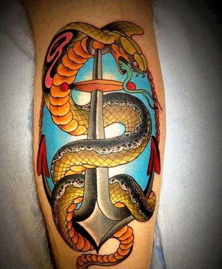 小腿眼镜蛇船锚纹身图案