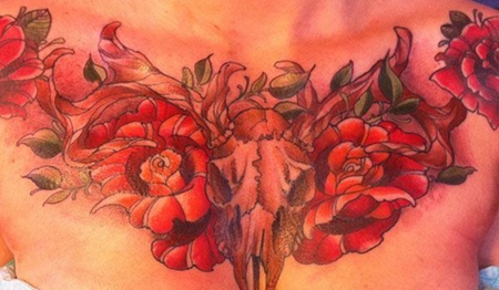 花胸羊头骷髅玫瑰花纹身图案