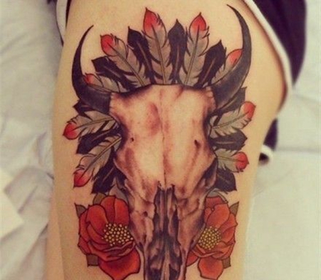 大腿羊头玫瑰纹身图案