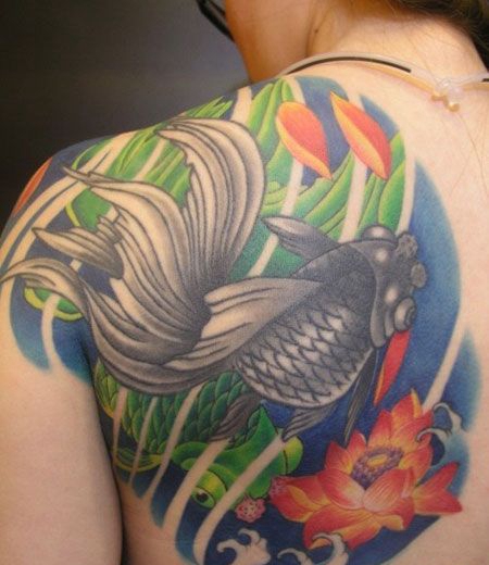 背部彩色金鱼莲花纹身图案