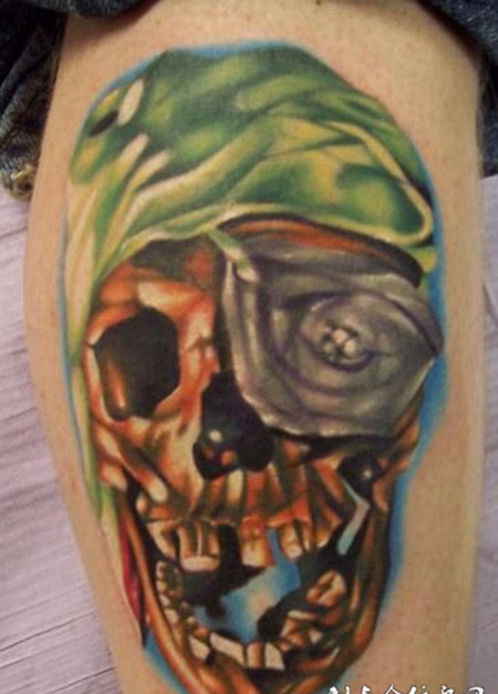 大腿上的骷髅丧尸纹身图案