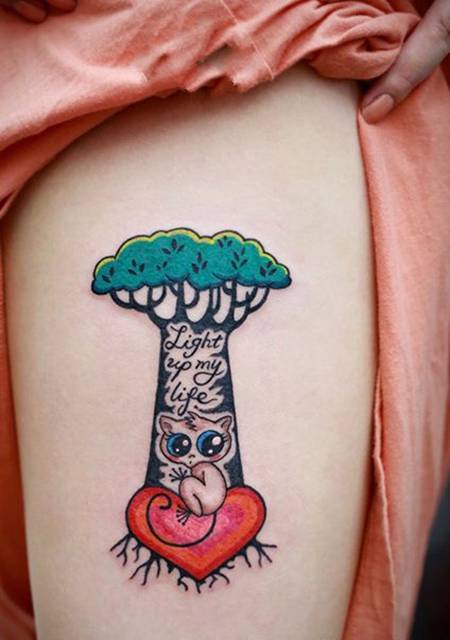 大腿性感桃心小猫纹身图案