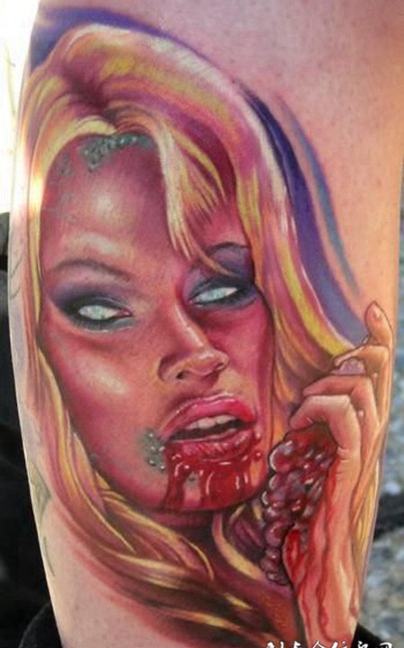 小腿上的丧尸美女纹身图案