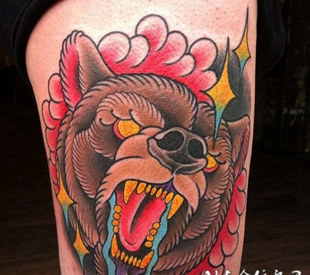 大腿上的狼头纹身图案