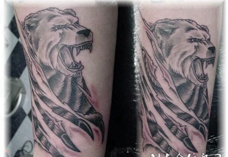 小腿上的撕皮狮子纹身图案
